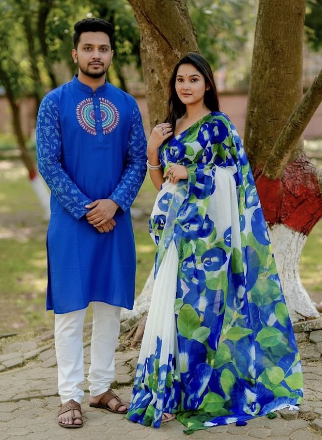 কাপল ড্রেস কালেকশন চান্দুরি সিল্ক শাড়ি ও ধুপিয়ান পাঞ্জাবি